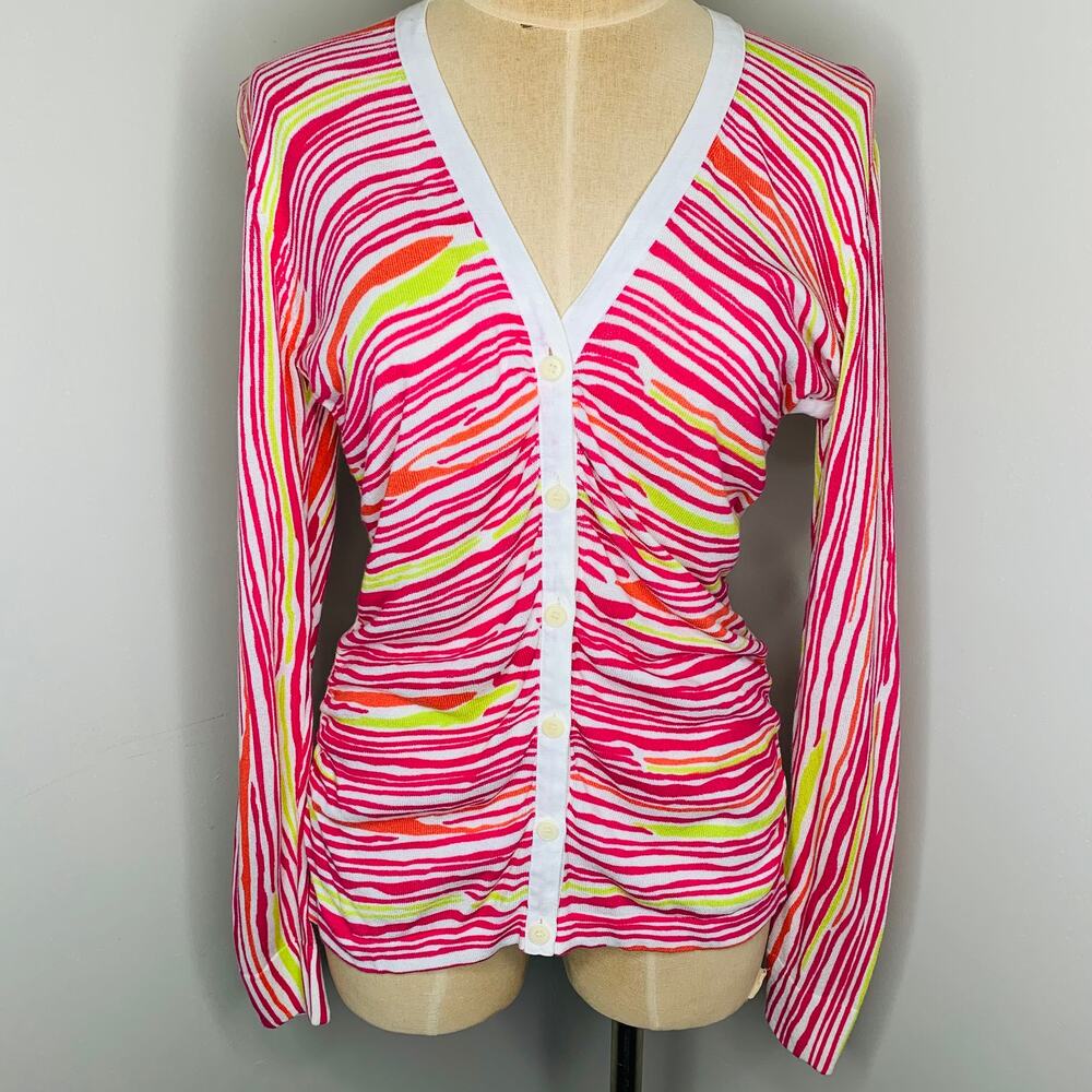 Lafayette 148 Cardigan Sweater MEDIUM Animal Print Button Colorful Ruched Linen